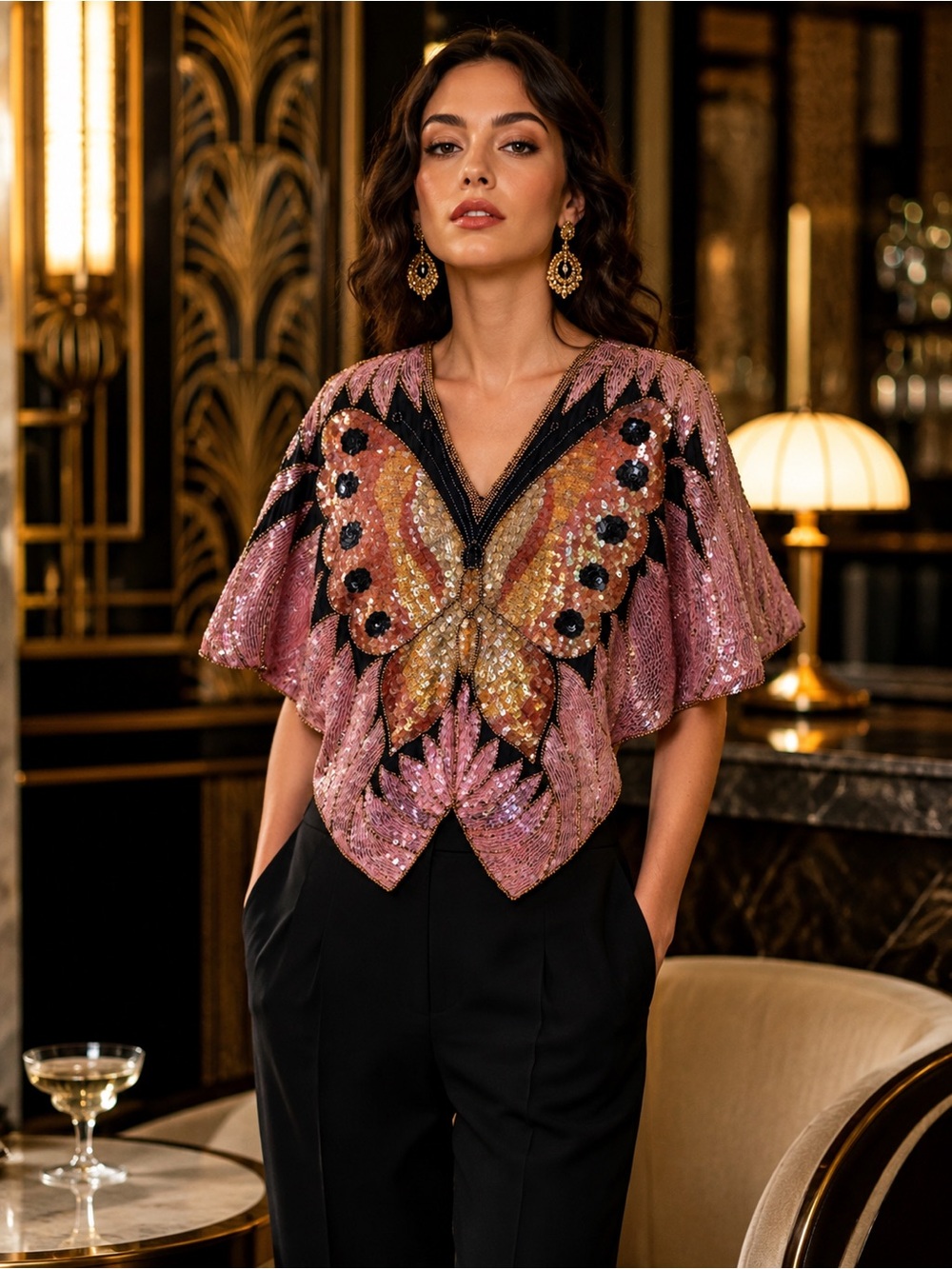 Vintage Swee Lo Silk Sequin Hand Beaded Art Deco Glam Top in Pink & Gold, Size M